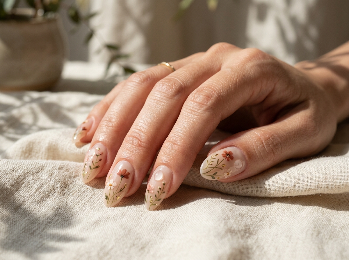 Delicate hand-painted floral nail art