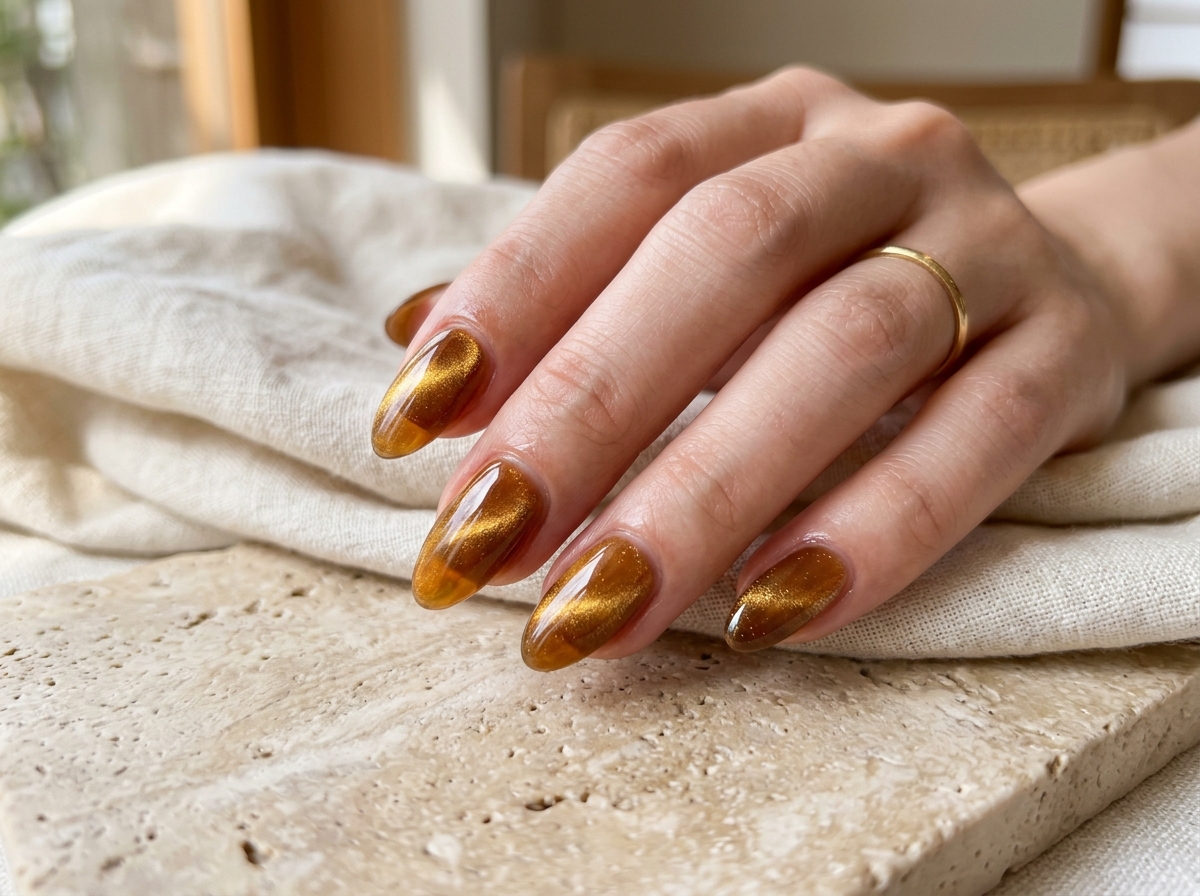 Amber glass-effect nails