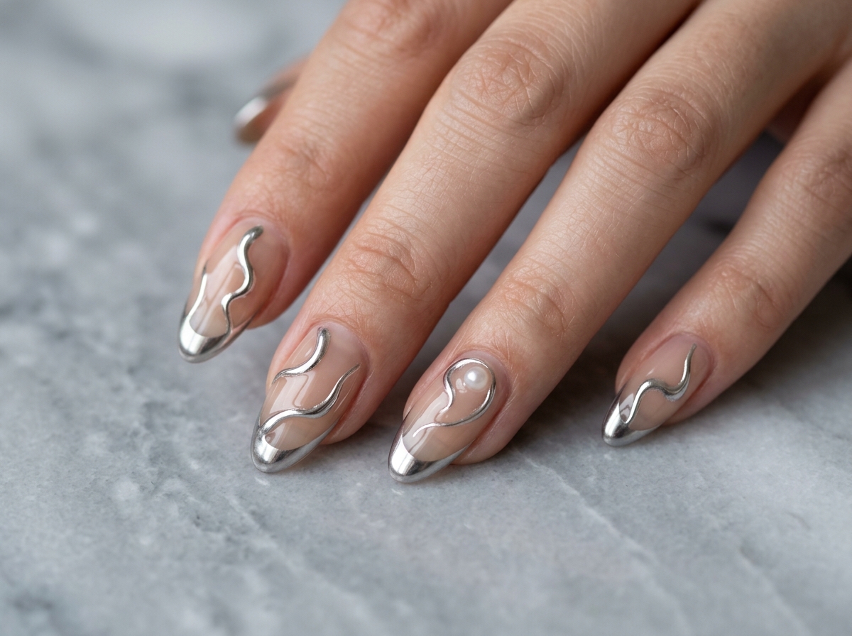 Nude nails with silver chrome tips and a pearl accent