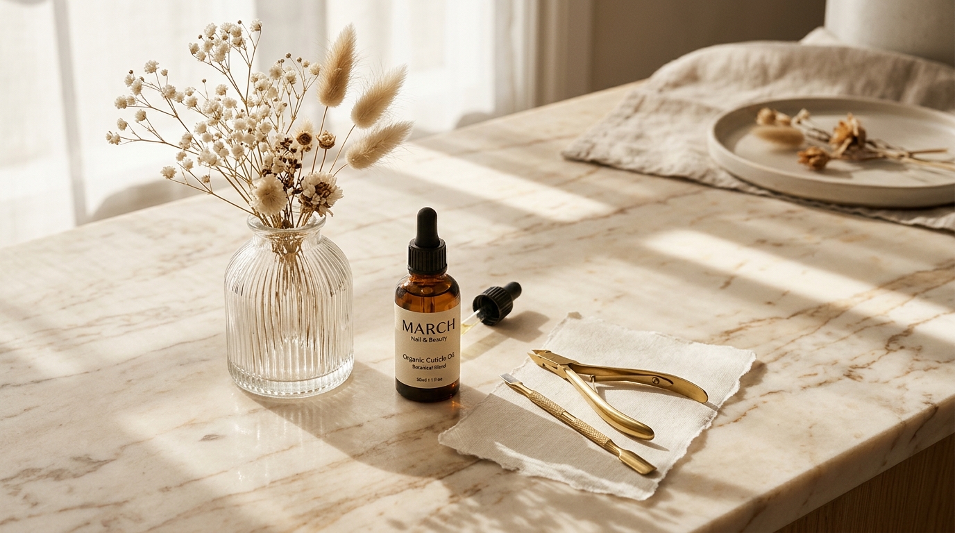 Gold brushes in a glass cup beside a bottle of nude polish and baby's breath